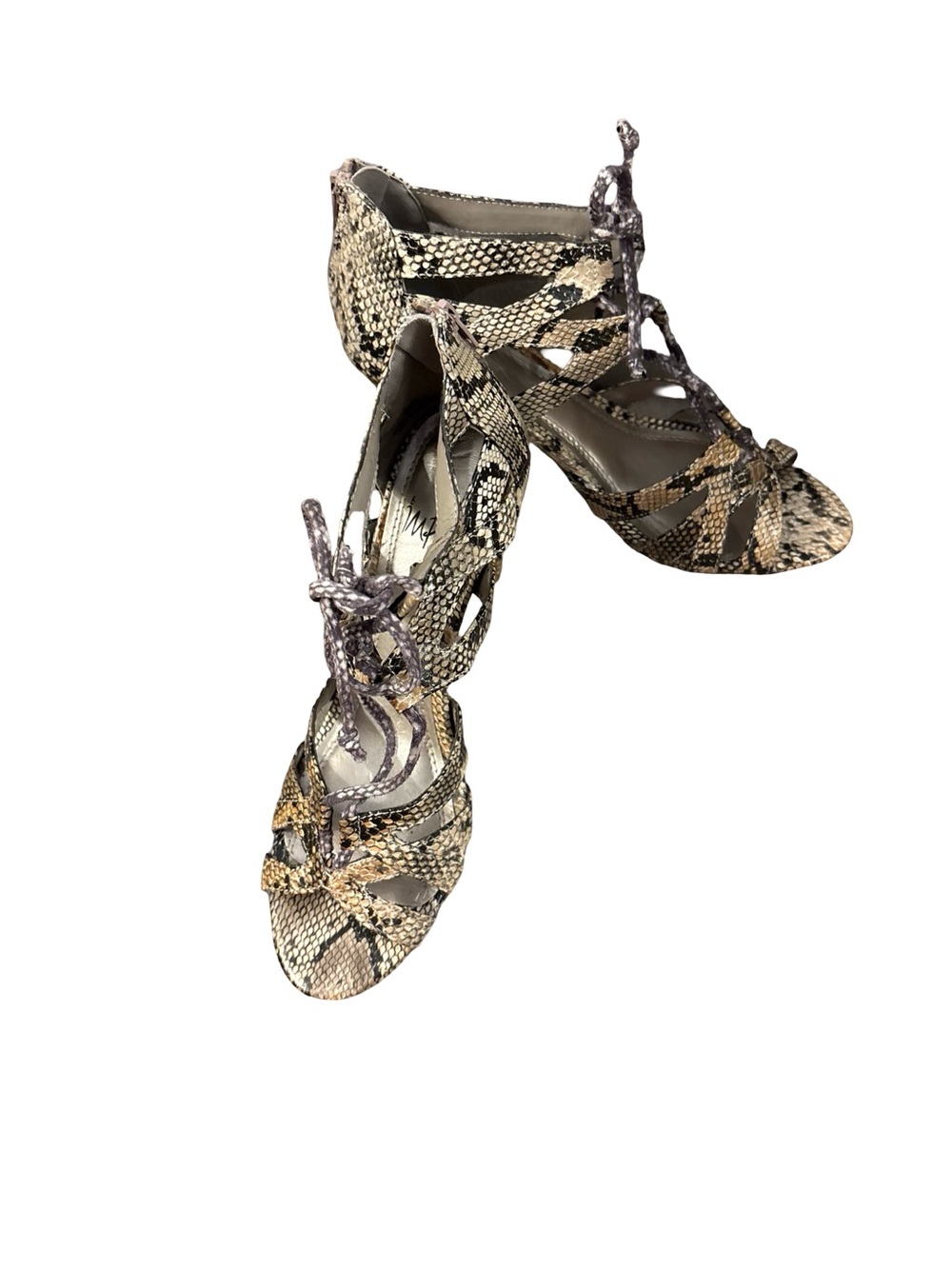 IMPO Snake Strappy Stiletto Back Zip Heels in Beige and Brown Size 6.5